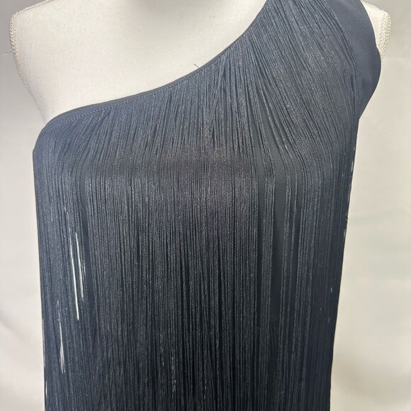 Main Strip Black Mini One Shoulder Fringe Dress Size M - Picture 3 of 9